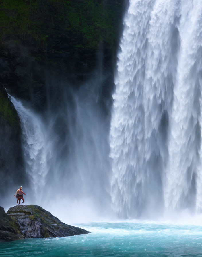 Person in orange jacket gazes at massive waterfall in lush greenery