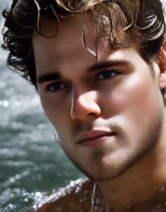 Young man with curly hair and intense gaze against blurred water backdrop