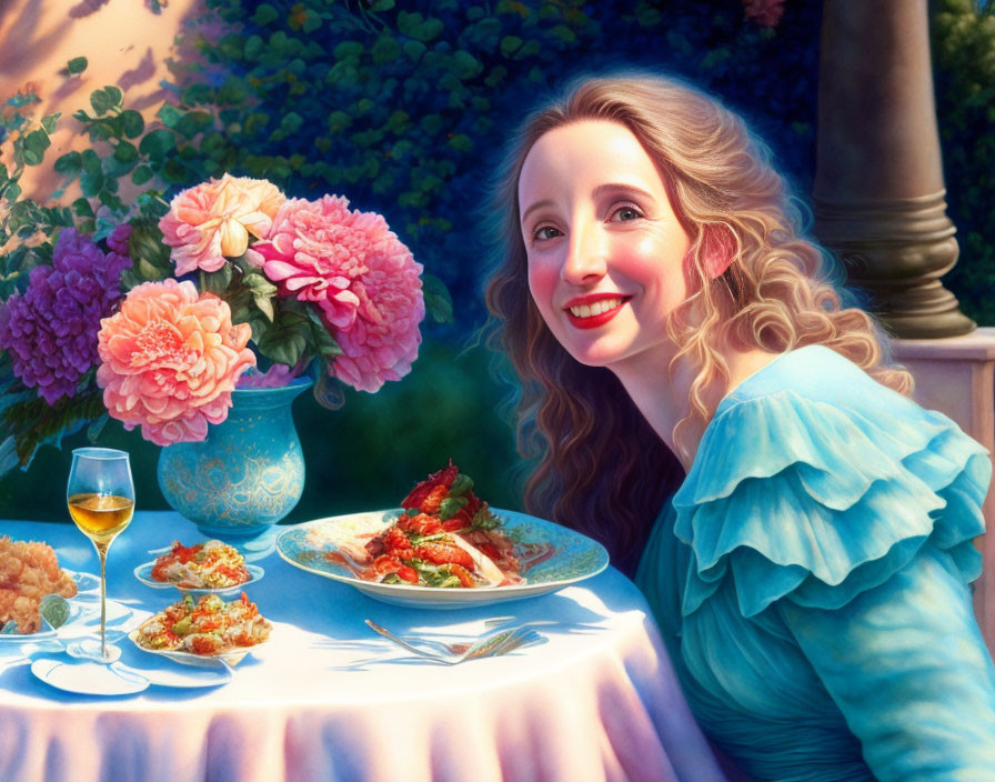 Smiling woman in blue dress at table with flowers, pasta, and wine