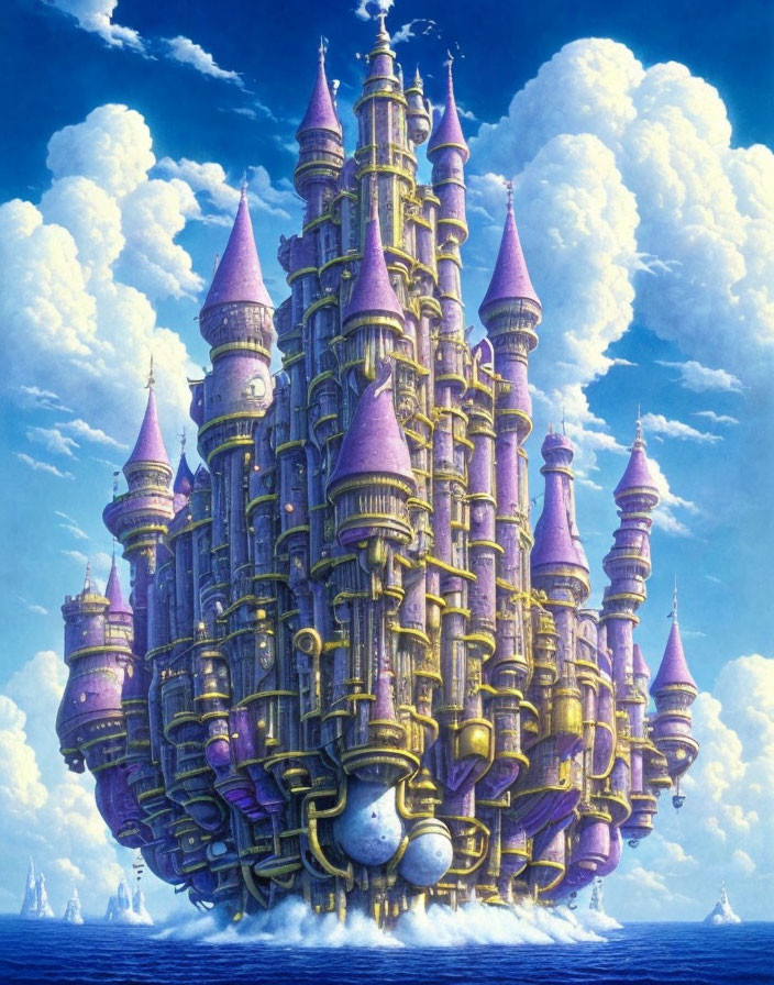 Purple fantasy castle with spires and turrets in bright blue sky