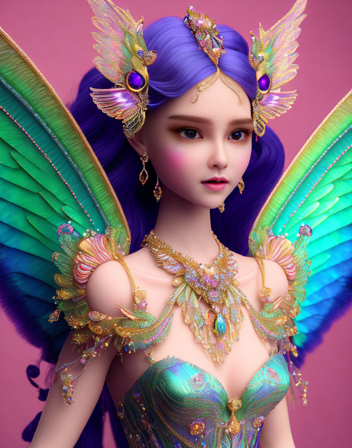 Digital artwork: Woman with purple hair, butterfly wings, gold attire on pink background