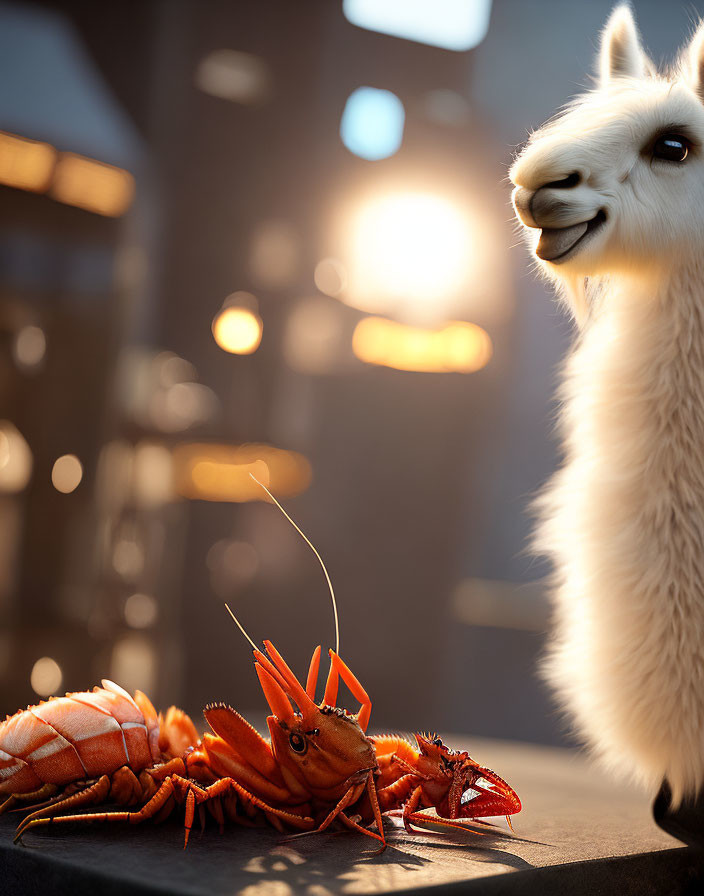 Curious alpaca observing cooked lobster in warm sunlight
