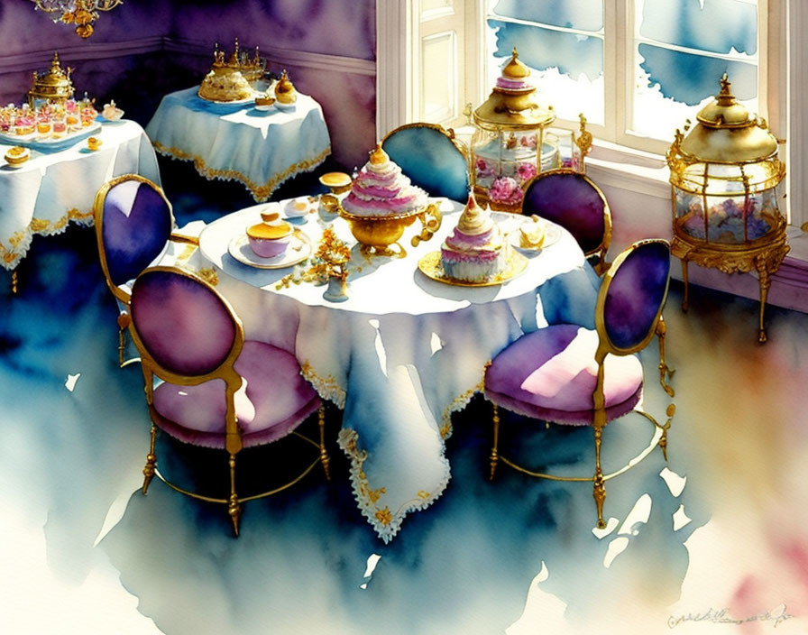 Luxurious Tea Party Setup with White Table, Gold Chairs, and Lavish Cakes