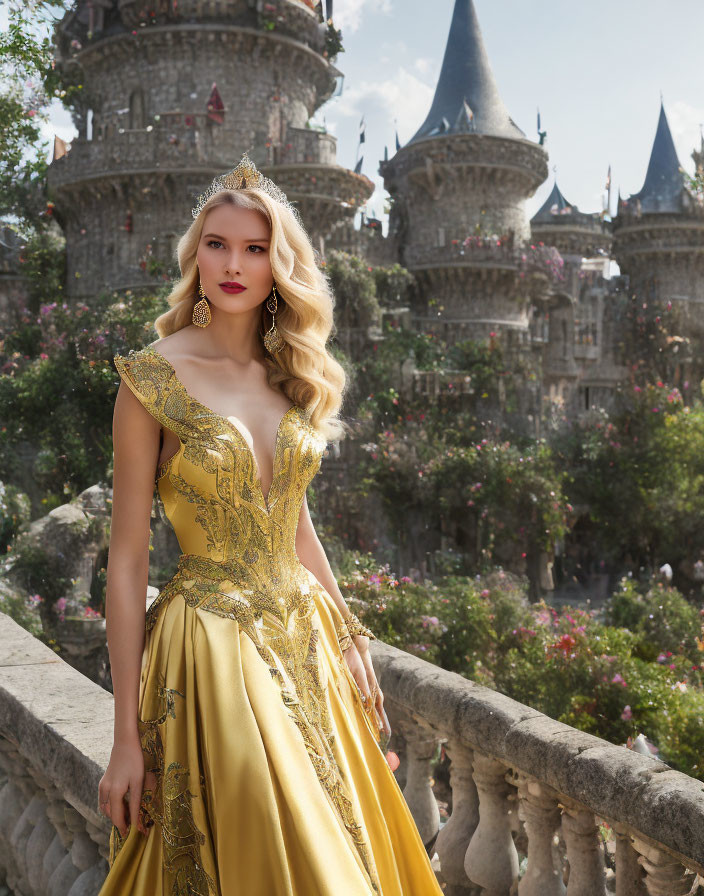 Woman in Gold Dress and Tiara at Fairy-Tale Castle