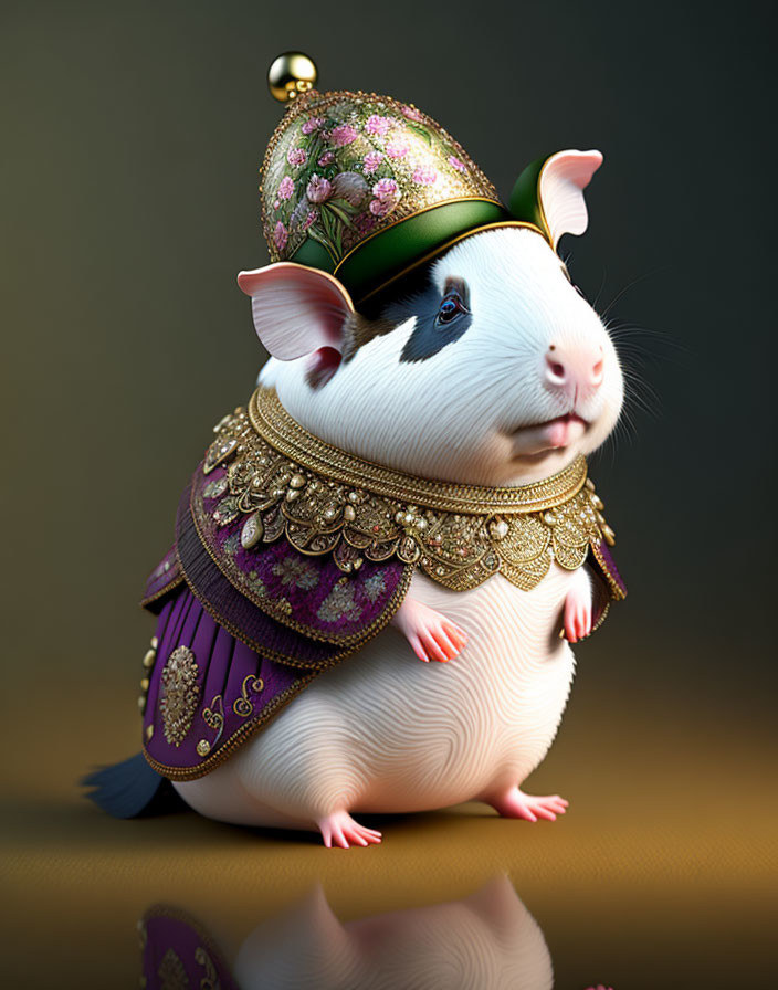Detailed 3D illustration: regal guinea pig in ornate royal attire
