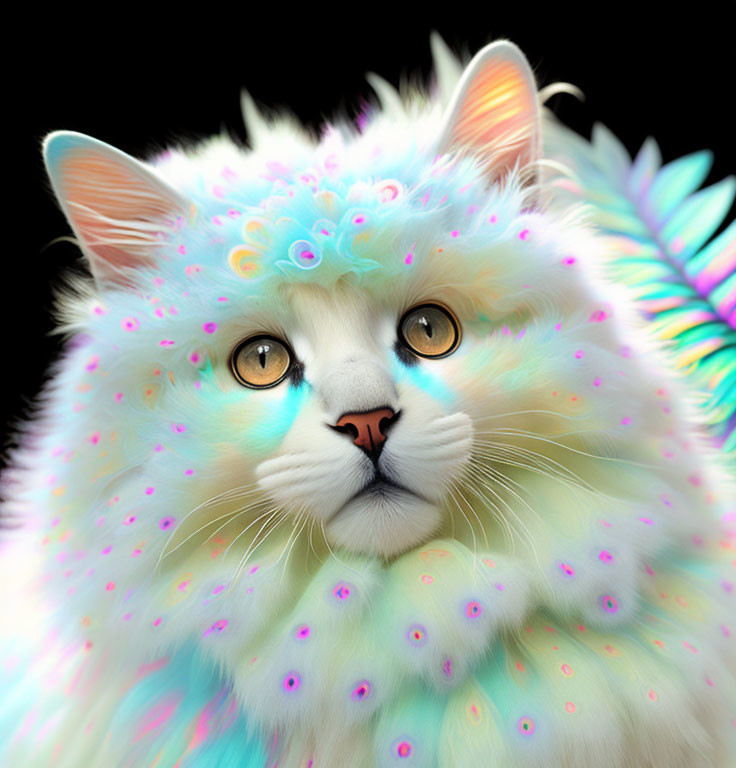 Colorful Cat with Rainbow Fur and Intense Gaze