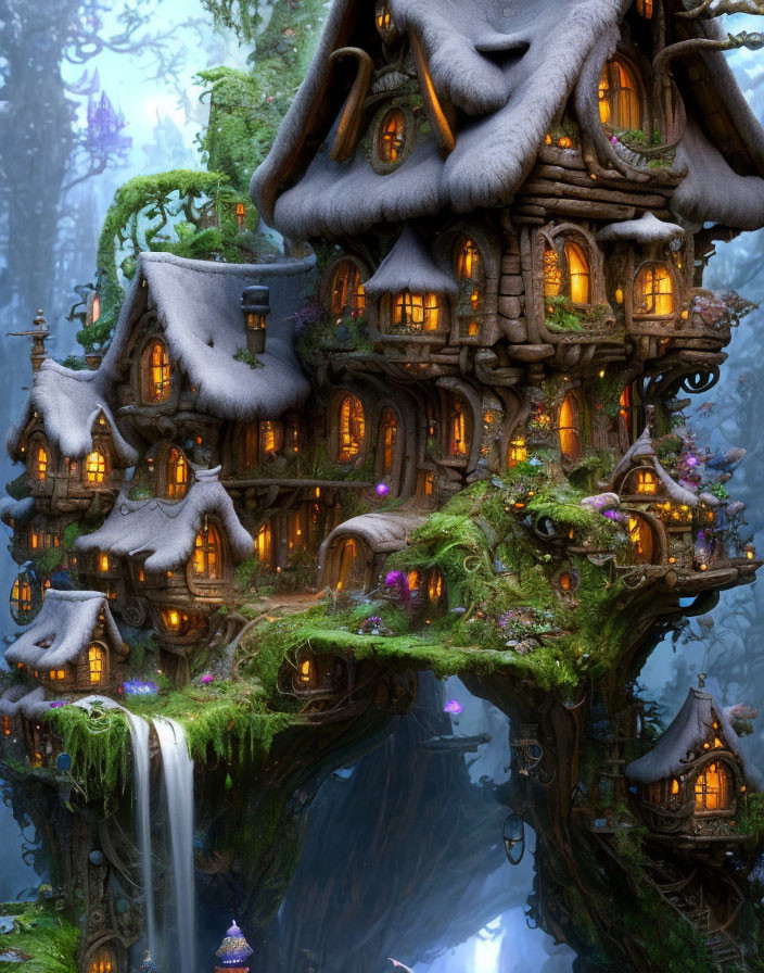 Enchanted forest treehouse with glowing windows and snow-dusted roofs