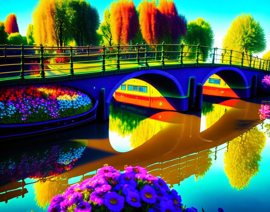 Colorful Bridge Over Calm River in Vibrant Park