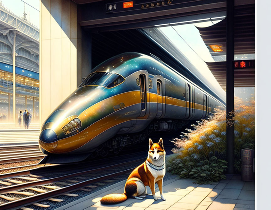 Shiba Inu dog on train platform with high-speed train and people walking