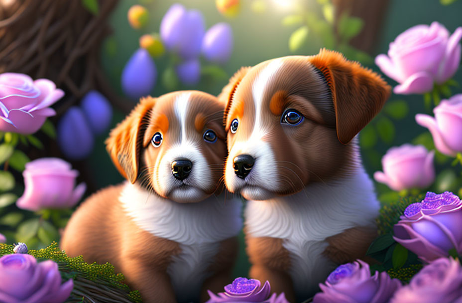 Two animated puppies with expressive eyes in colorful flower-filled scene