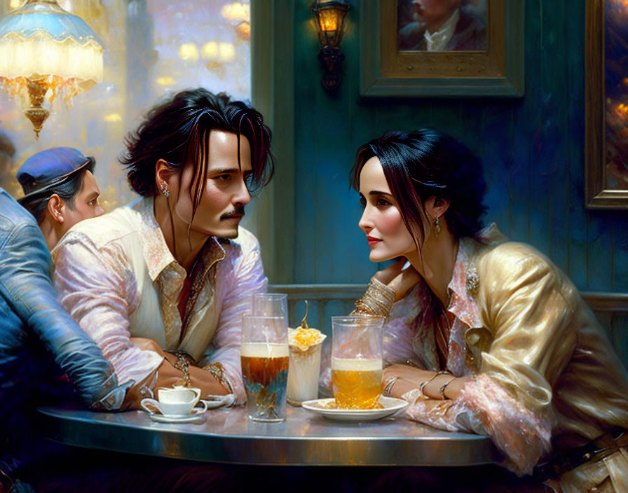 Man and woman chatting in elegant café with antique decor and warm lighting