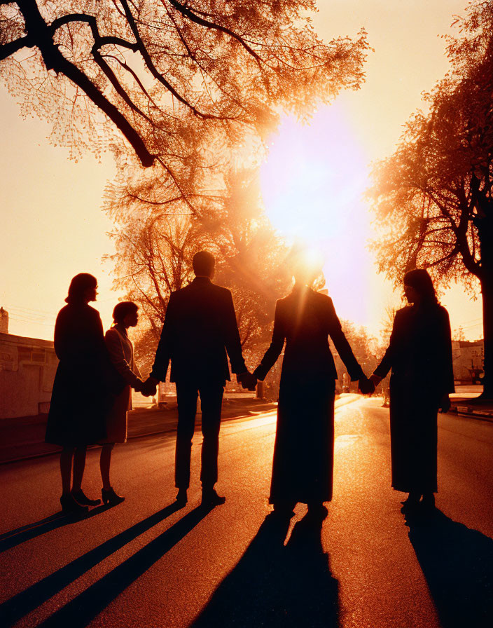 Five People Holding Hands Silhouetted Against Sunset Sky