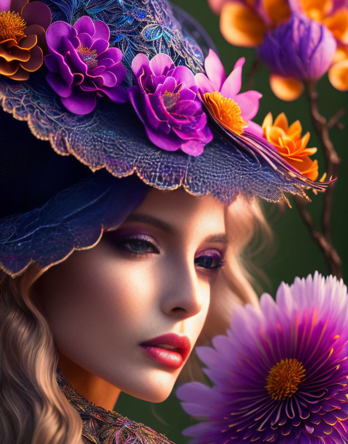 Woman with Purple and Orange Flower Hat Looking Sideways
