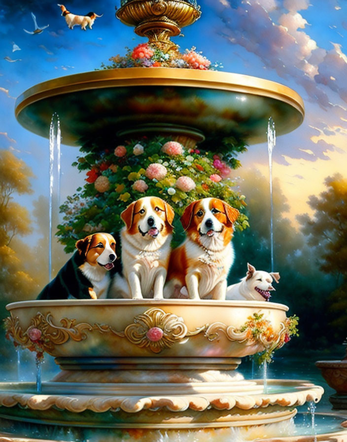 Three dogs, a kitten, and a bird in ornate fountain with flowers in colorful surreal setting