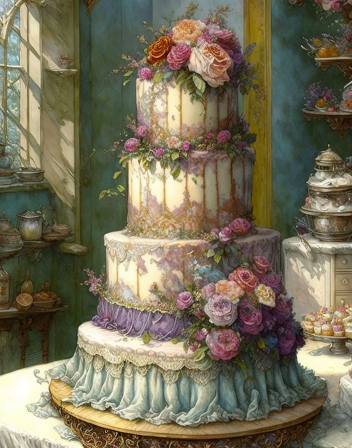 Five-tiered wedding cake with pastel flowers on dessert table against vintage backdrop
