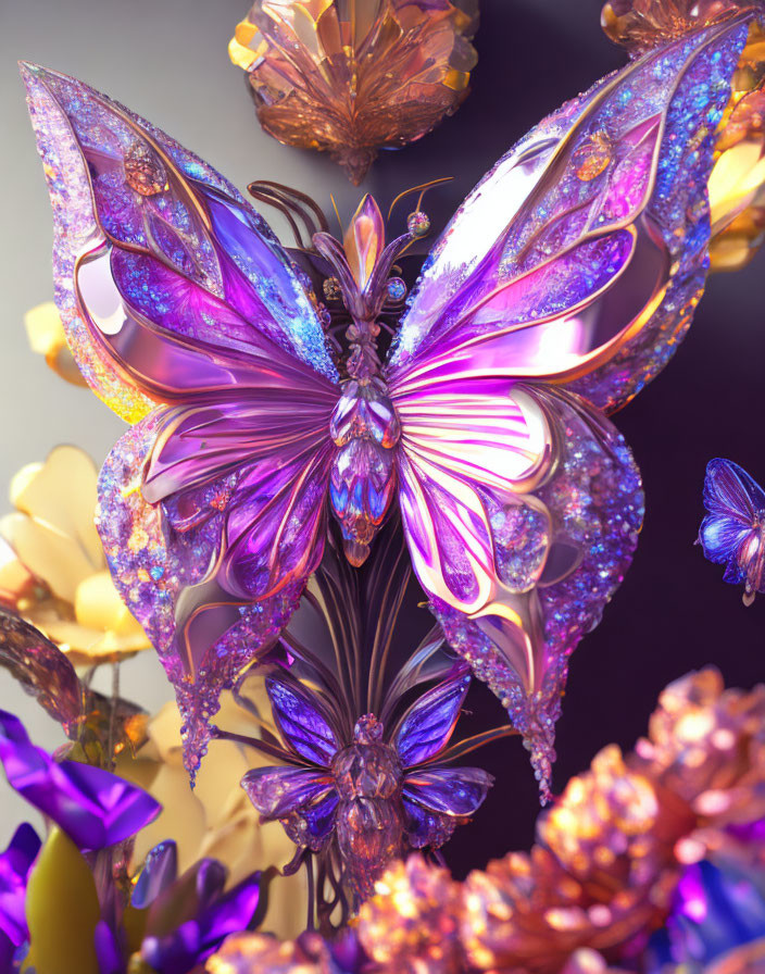 Colorful Butterfly Artwork with Iridescent Wings and Floral Elements on Purple Background