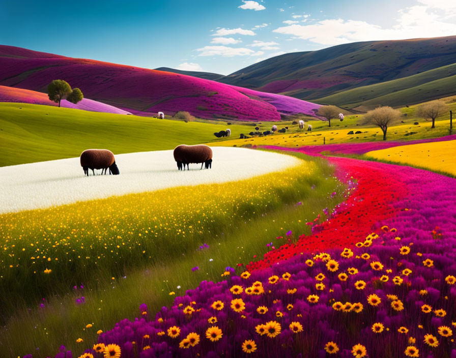 Colorful Flower-Covered Hills with Grazing Sheep