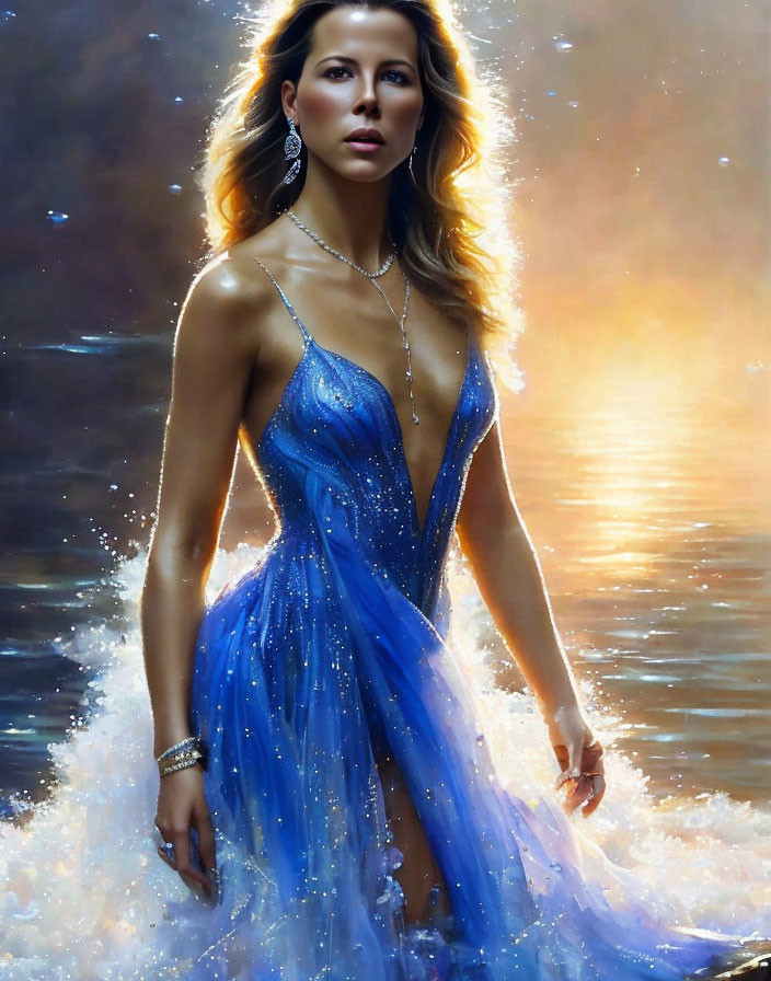 Woman in shimmering blue gown standing in water at sunset