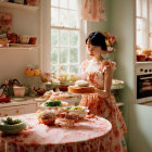Woman in apron with tiered cake and pastries in sunny floral kitchen