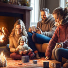 Family playing board game by Christmas fireplace