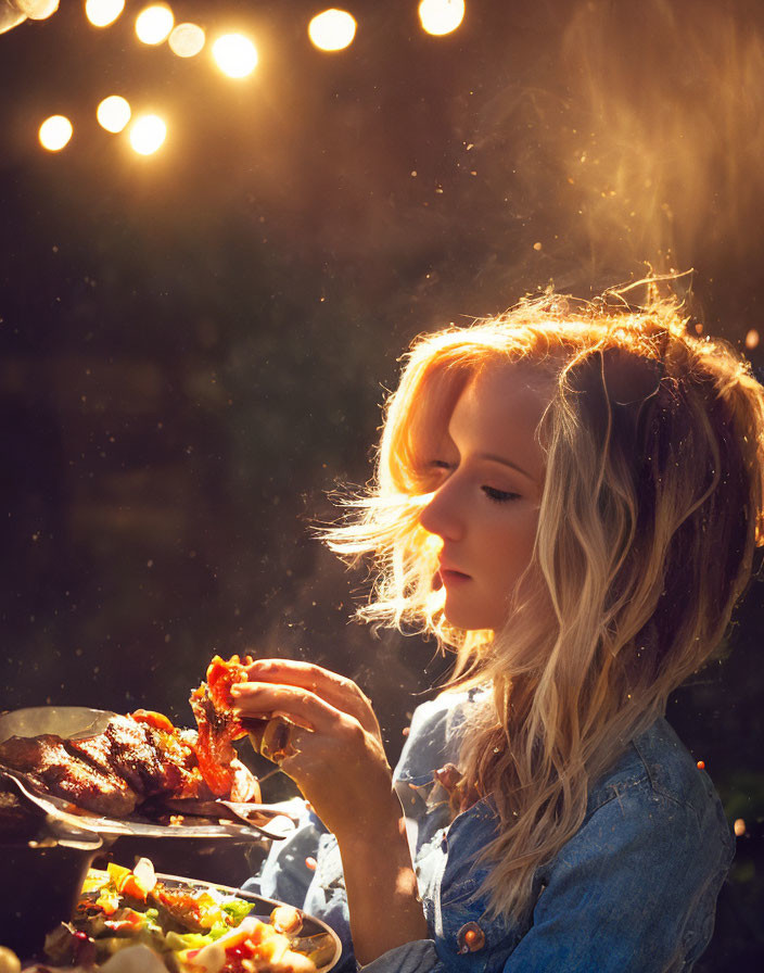 Woman enjoying food outdoors in subtle sunlight with bokeh lights.