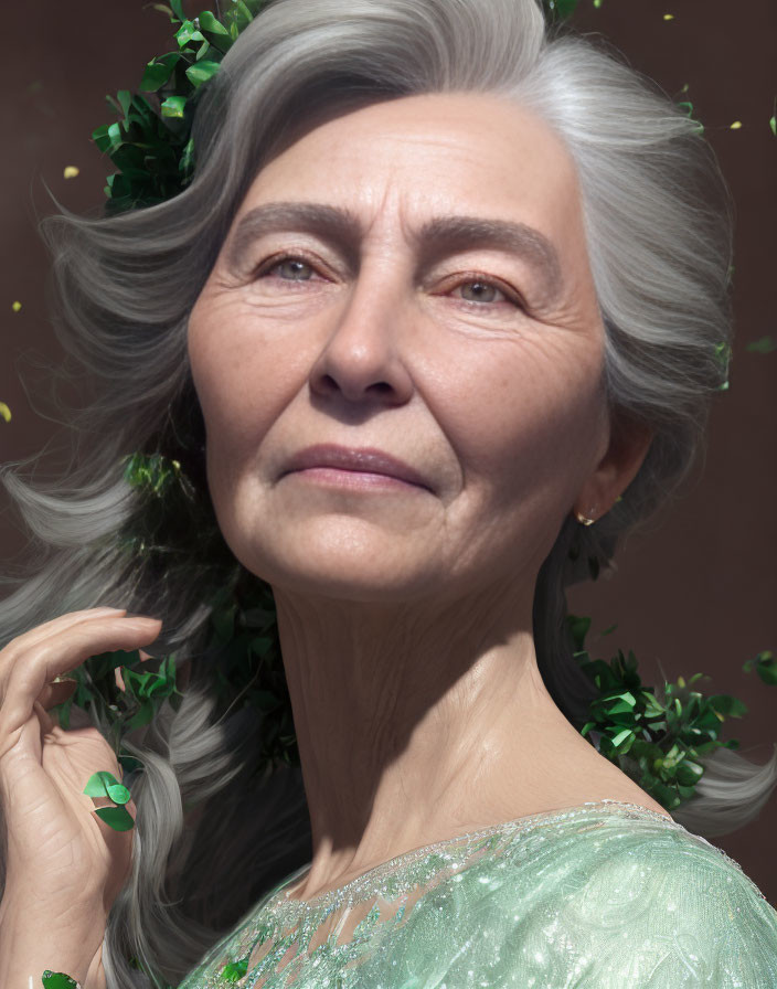 Serene elder woman with silver hair in green lace dress among greenery