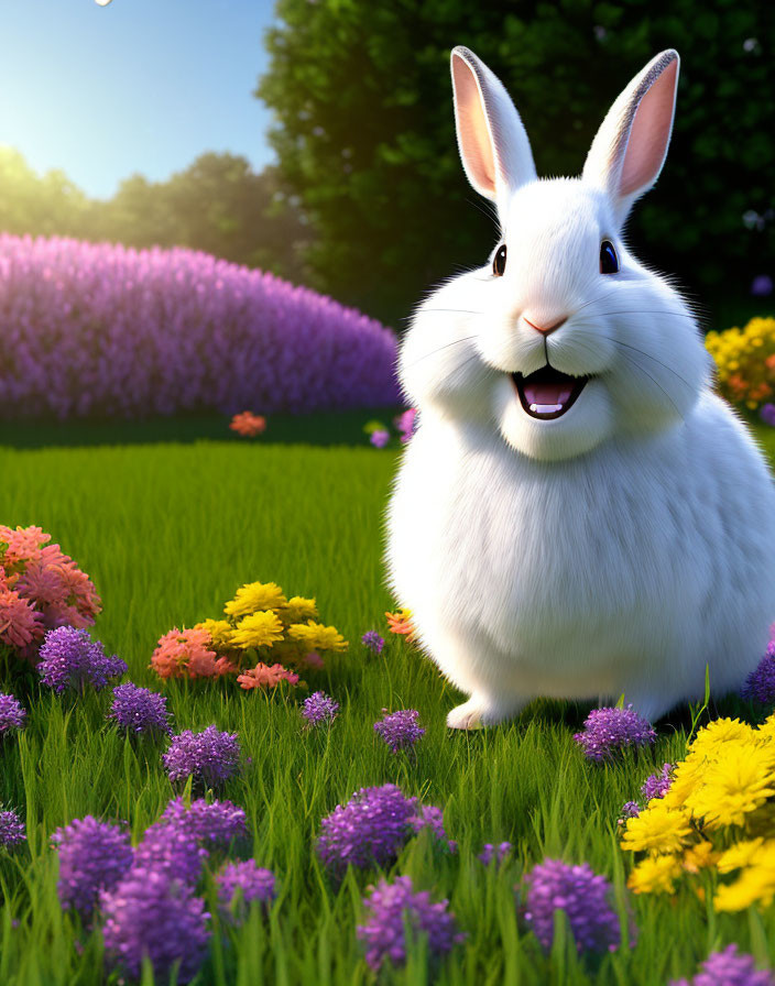 White Rabbit in Vibrant Flower Field with Purple, Yellow, and Pink Blooms