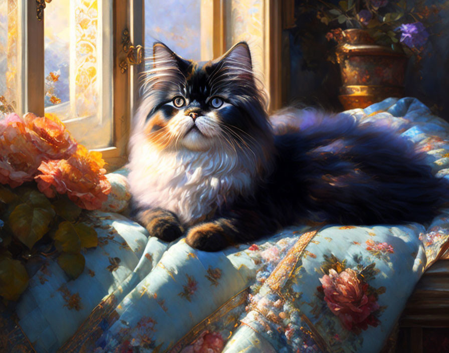 Long-haired cat with striking markings on floral-patterned sofa under sunlight