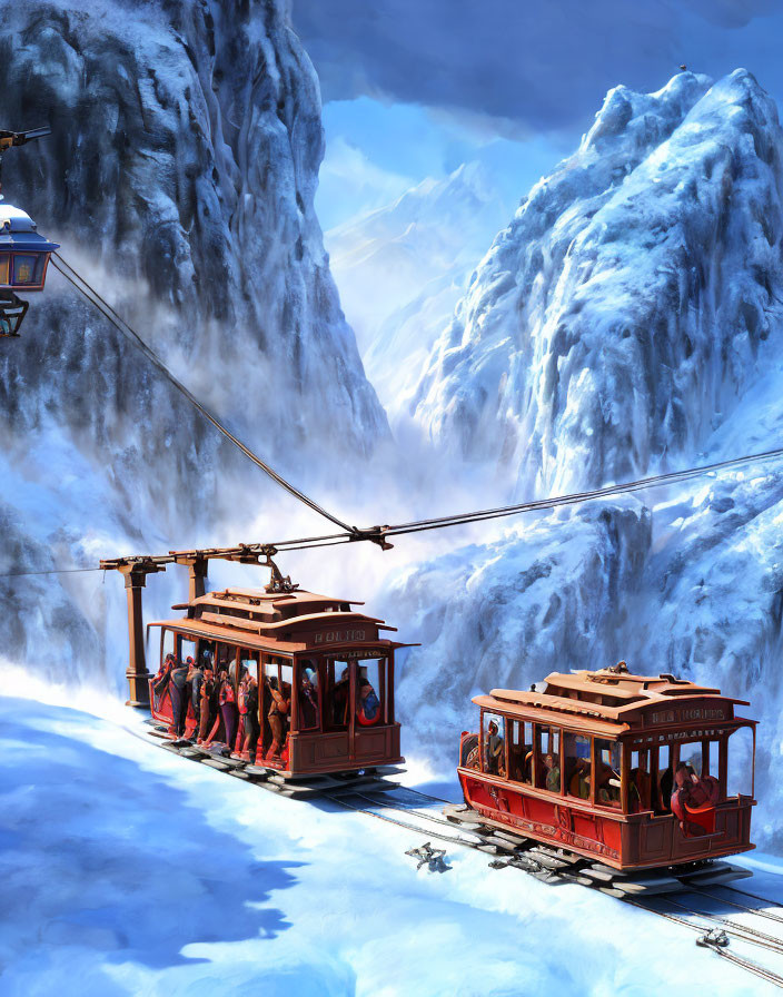 Vintage red cable cars crossing snowy mountains under clear blue sky
