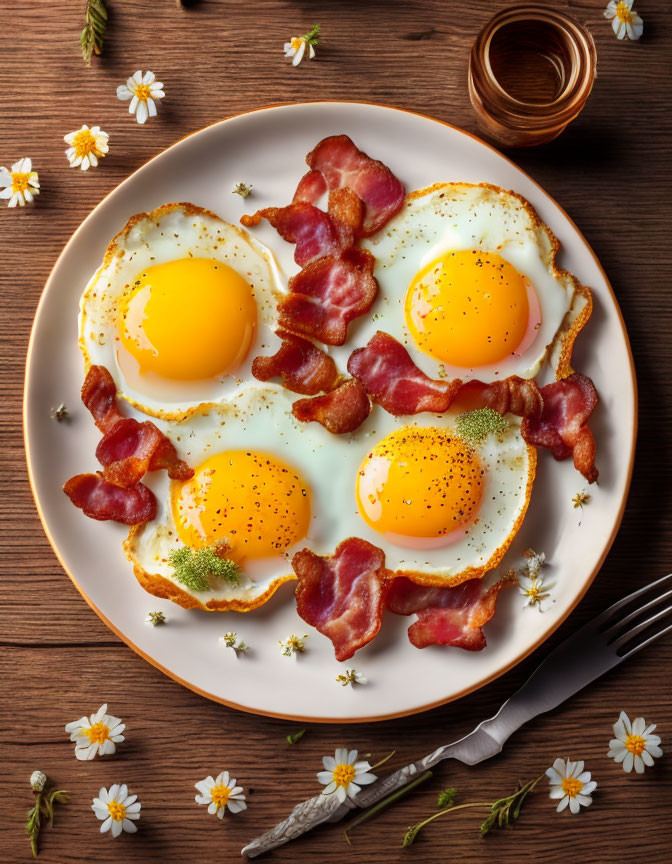 Sunny-Side-Up Eggs and Bacon with Flowers on White Plate