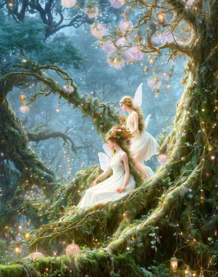 Ethereal fairies with delicate wings in enchanted forest landscape