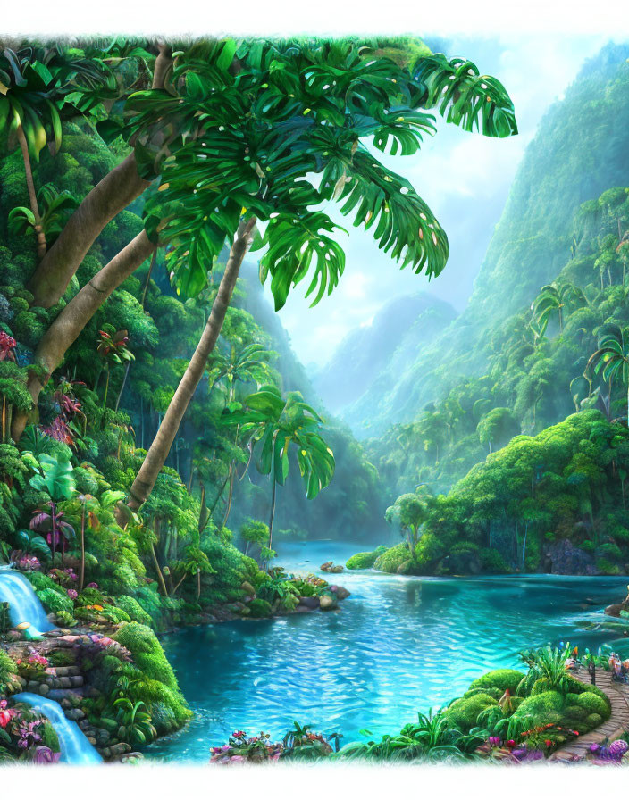 Tropical Jungle with River, Waterfalls, and Mountain Backdrop