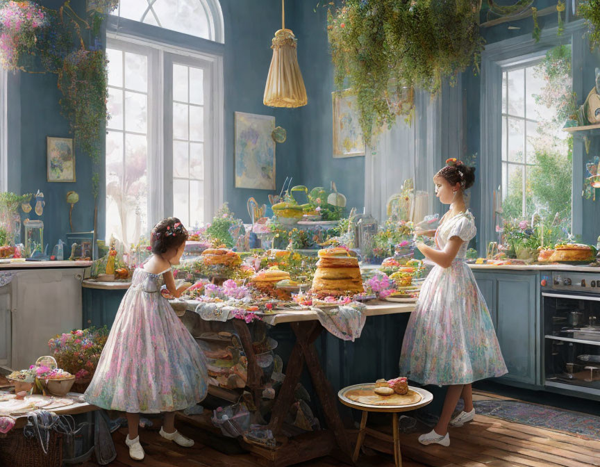 Two girls in vintage kitchen with blue walls and flowers.