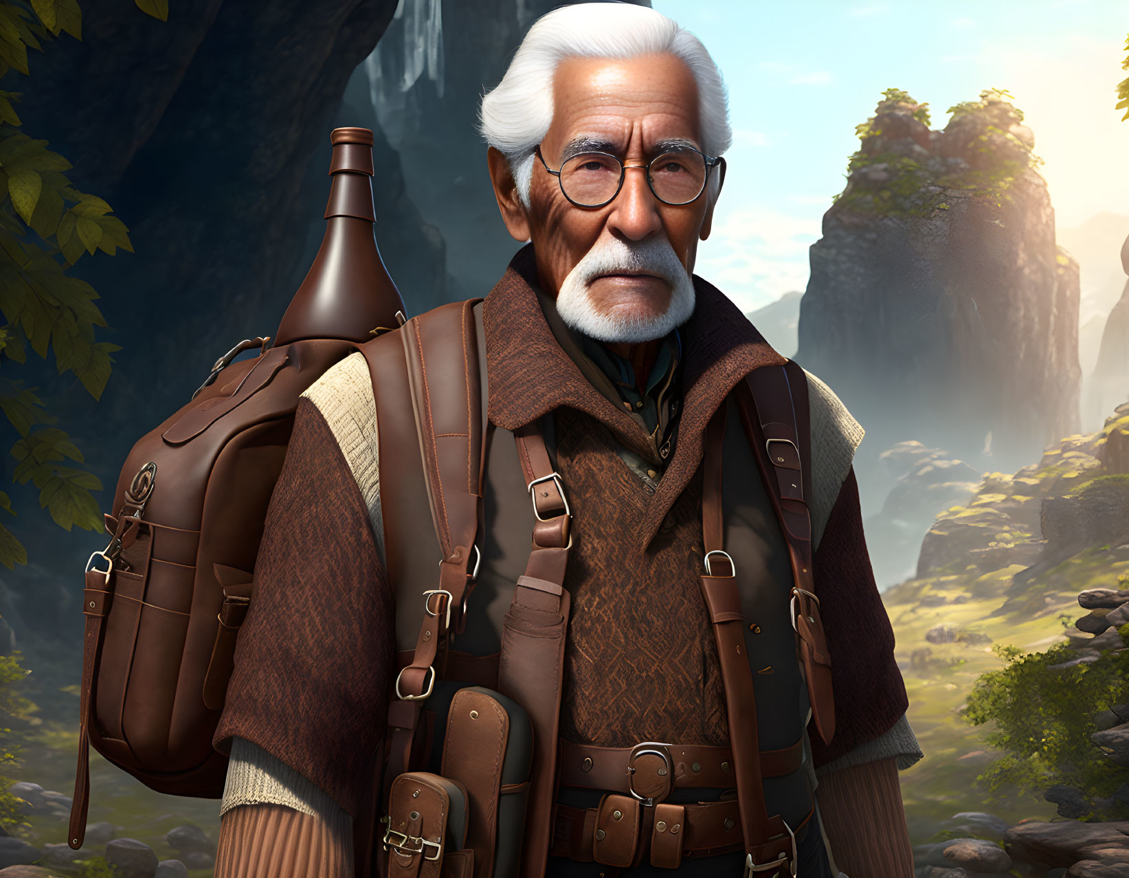 Elderly adventurer with white beard in mountainous landscape