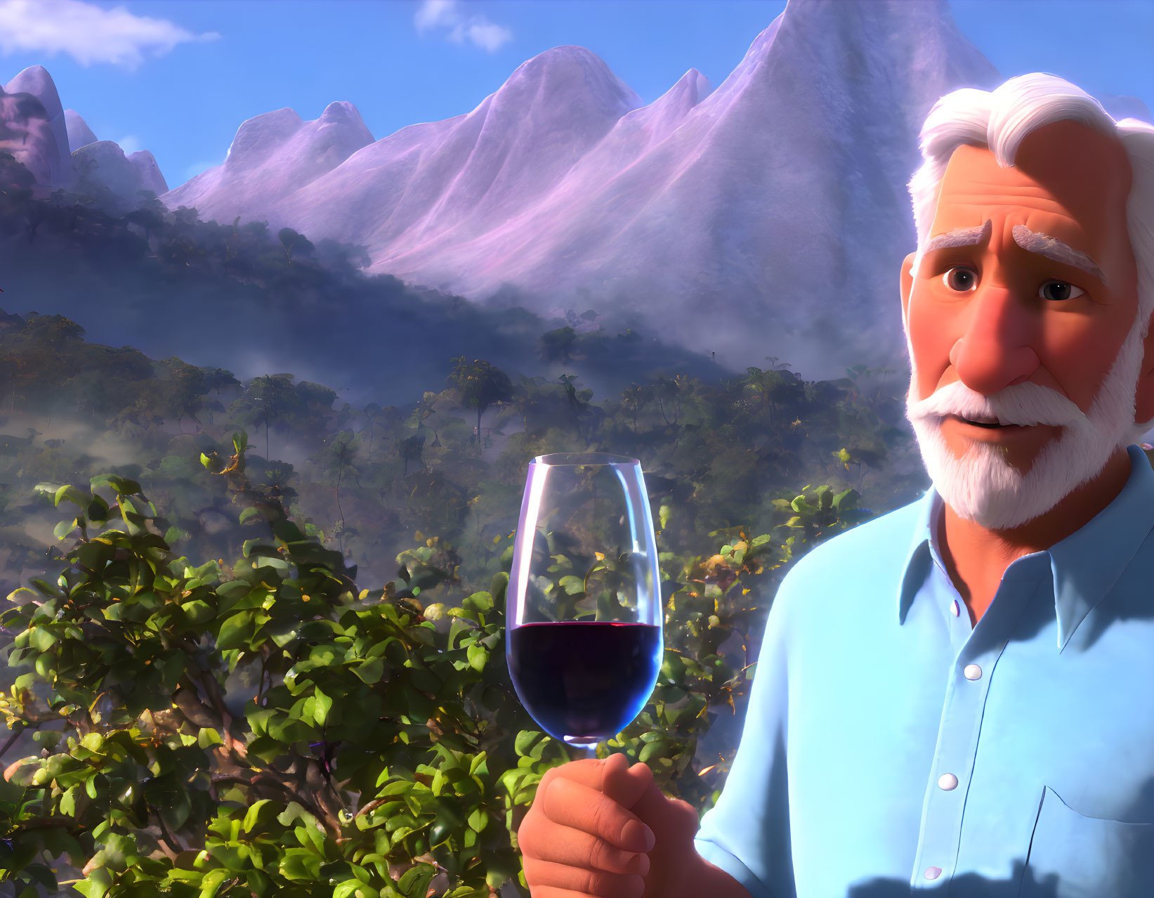 Elderly man with white hair holding red wine glass in scenic landscape