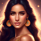 Digital portrait of woman with long wavy hair, glowing earrings, golden outfit, warm background