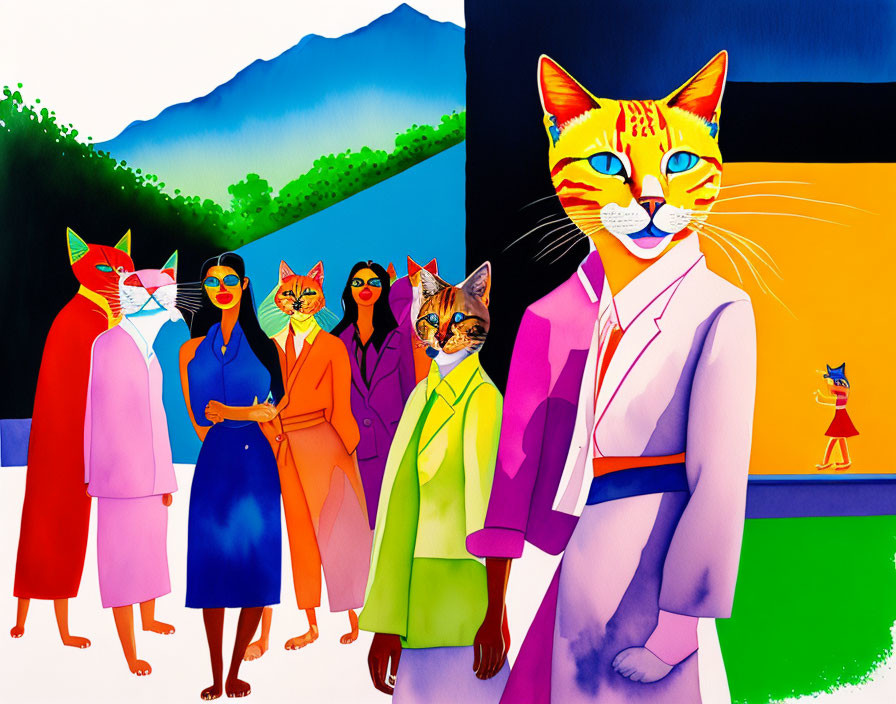 Vibrant Artwork: Human Bodies in Stylish Attire with Oversized Cat Heads