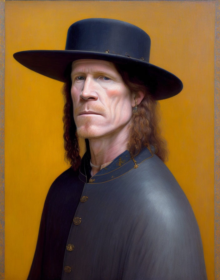 Man with Long Wavy Red Hair in Black Top Hat and Jacket on Yellow Background