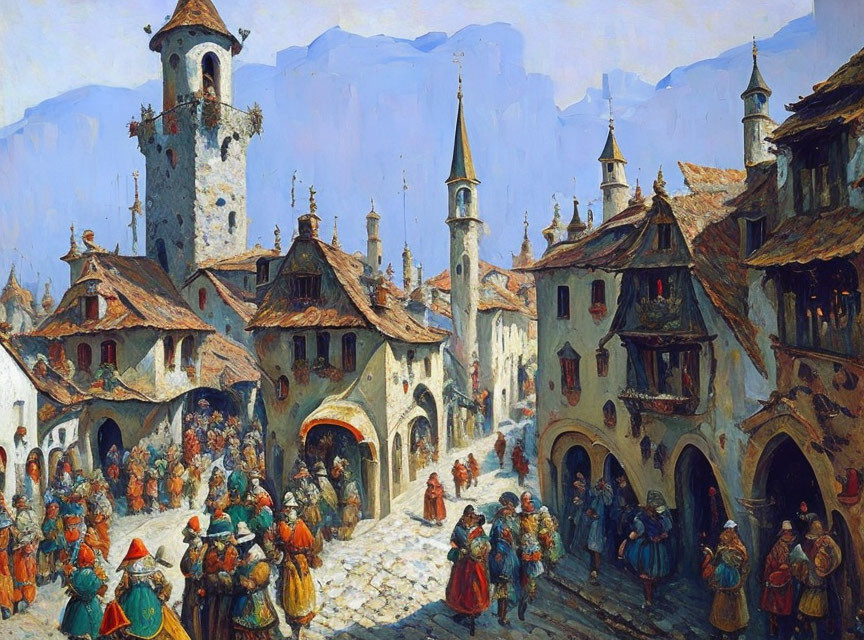 Medieval market scene with colorful townsfolk and quaint buildings