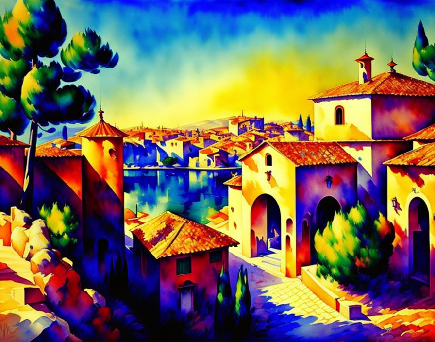 Colorful Mediterranean Village Painting with Orange-Roofed Houses