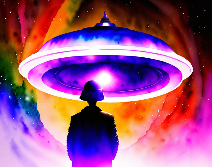 Figure gazes at illuminated UFO in colorful nebula