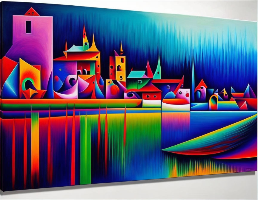 Colorful Abstract Painting: Geometric Shapes of Stylized Landscape, Buildings, Water Reflections