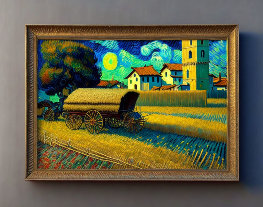 Vibrant landscape painting with starry sky, swirling clouds, haystack, and quaint houses in post