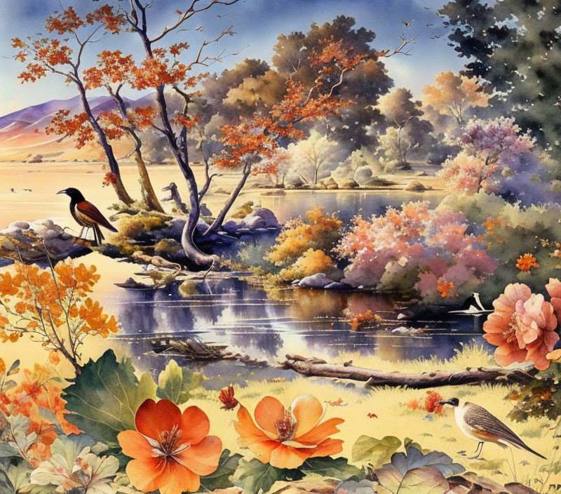 Vibrant watercolor painting of a riverscape with lush vegetation and a bird.