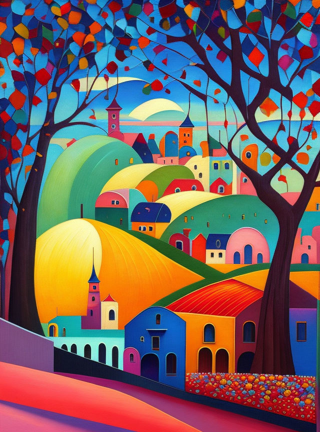 Colorful painting of whimsical landscape with red leaf trees and multicolored town