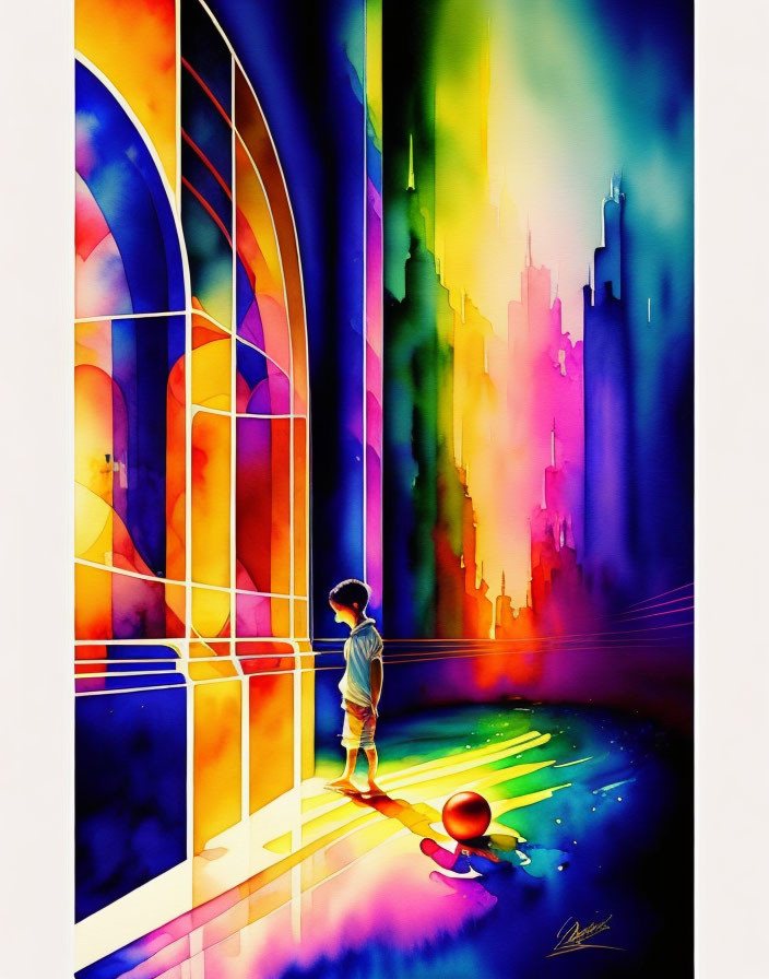 Child gazes at colorful futuristic cityscape through stained-glass window