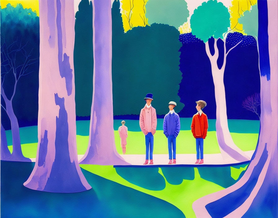 Vibrant purple trees with four people in a stylized painting