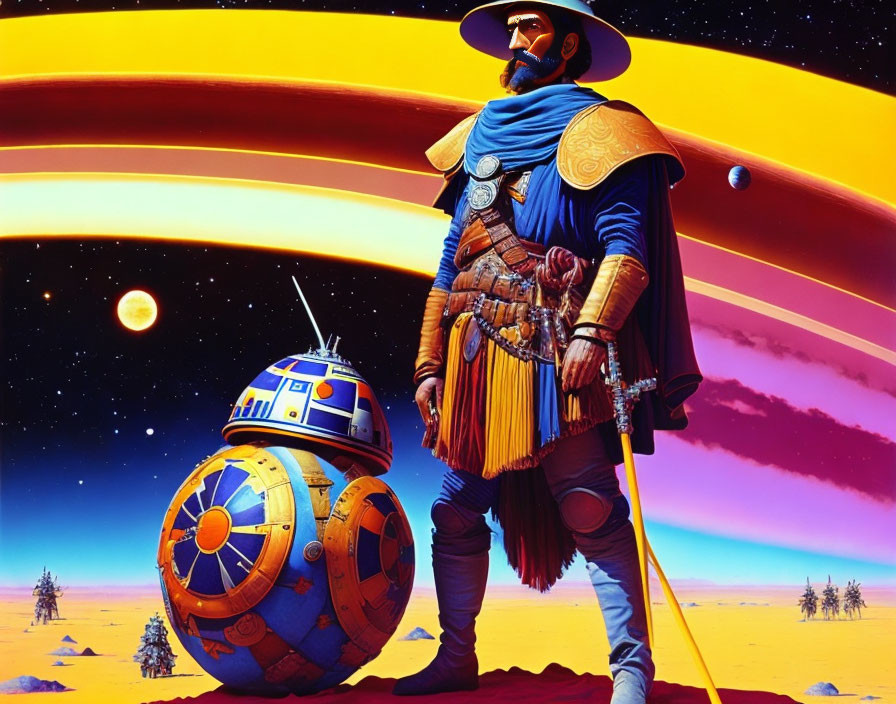 Stylized intergalactic knight and spherical robot on alien planet with rings and moons.