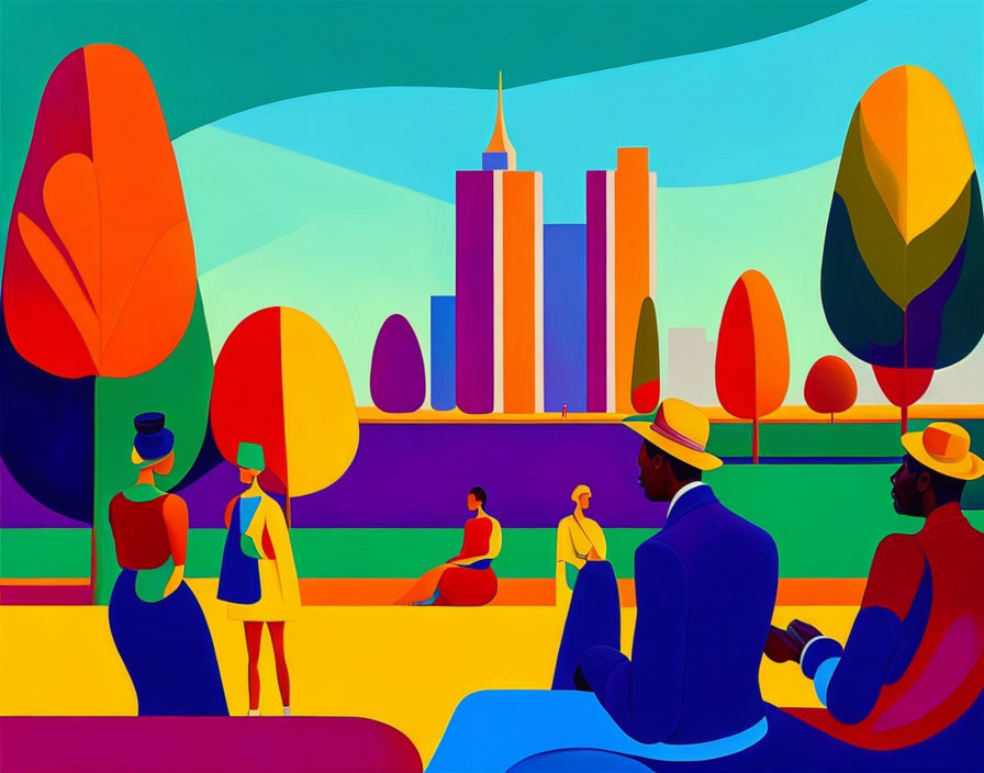 Vibrant painting of people in park with cityscape and swirling clouds