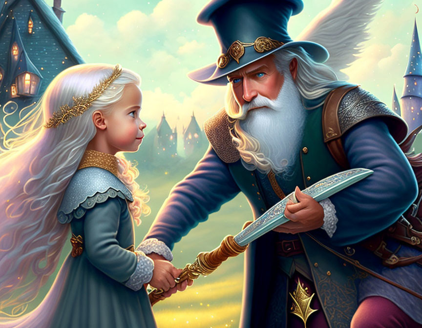 Blonde girl meets wizard with glowing sword in magical setting